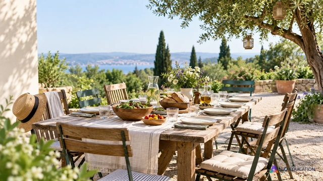 Table de jardin préparée pour un repas partagé.